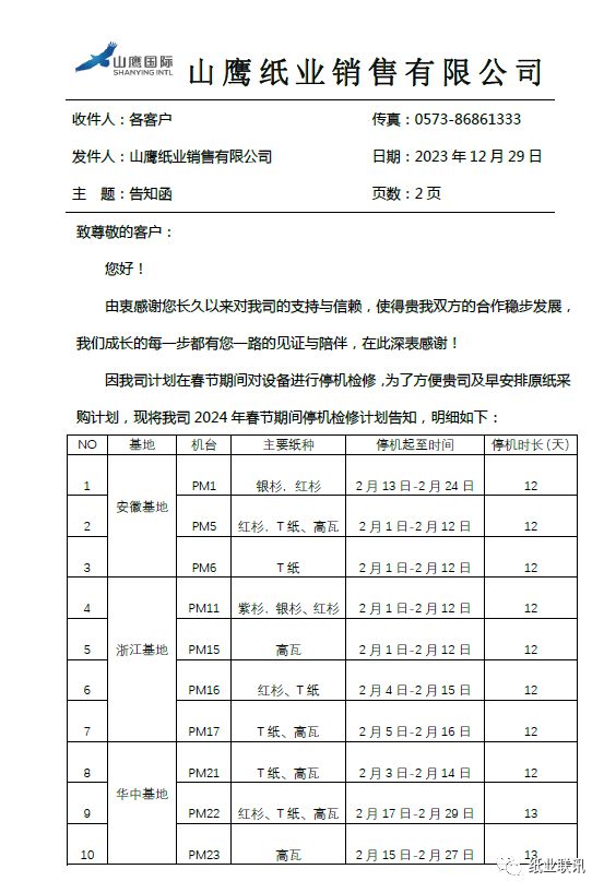 山鹰国际2024年春节前后预计减产超35万吨(图1)